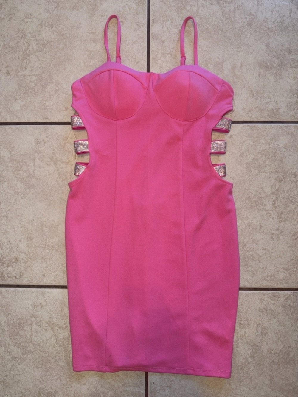 Hot Pink Cutout Bodycon Dress with rhinestone straps